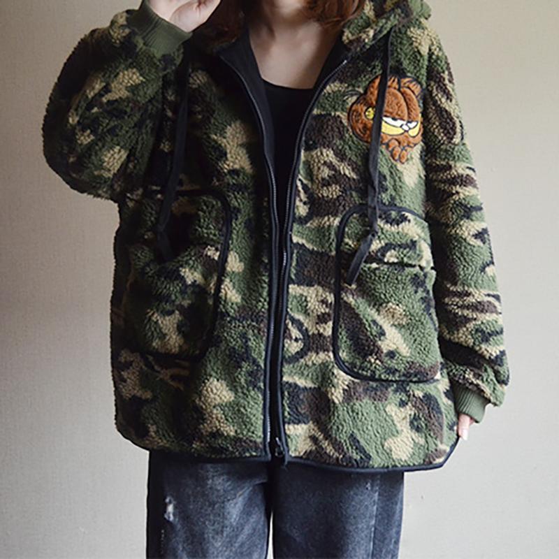 Camouflage Zipper Large Pocket Lambswool Coat