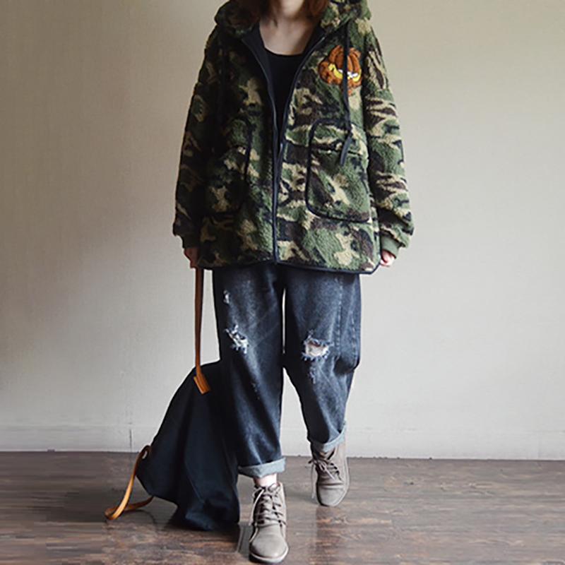 Camouflage Zipper Large Pocket Lambswool Coat