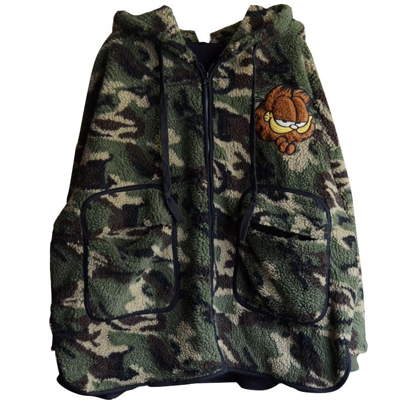 Camouflage Zipper Large Pocket Lambswool Coat