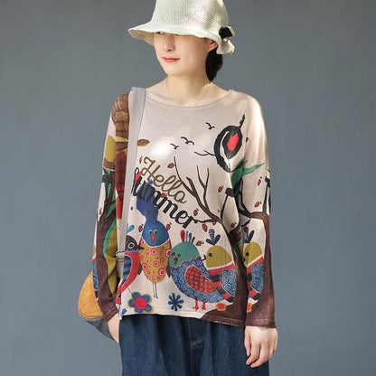 Cartoon Birds Printed Pullover Autumn Thin Knitted Shirt
