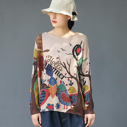 Cartoon Birds Printed Pullover Autumn Thin Knitted Shirt