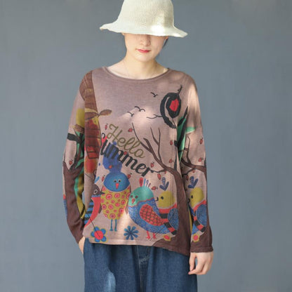Cartoon Birds Printed Pullover Autumn Thin Knitted Shirt