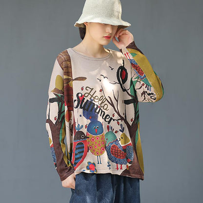 Cartoon Birds Printed Pullover Autumn Thin Knitted Shirt