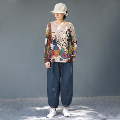 Cartoon Birds Printed Pullover Autumn Thin Knitted Shirt