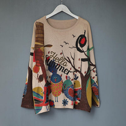 Cartoon Birds Printed Pullover Autumn Thin Knitted Shirt