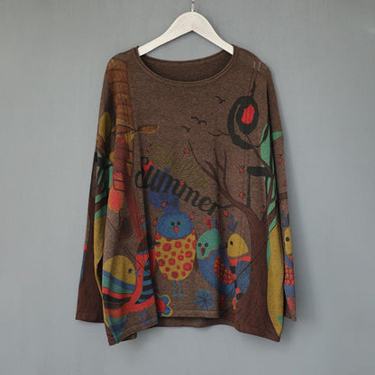Cartoon Birds Printed Pullover Autumn Thin Knitted Shirt
