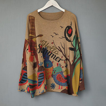 Cartoon Birds Printed Pullover Autumn Thin Knitted Shirt
