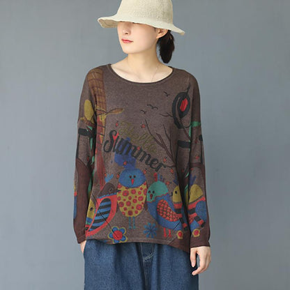 Cartoon Birds Printed Pullover Autumn Thin Knitted Shirt
