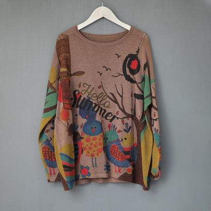 Cartoon Birds Printed Pullover Autumn Thin Knitted Shirt
