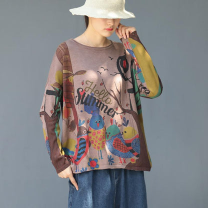 Cartoon Birds Printed Pullover Autumn Thin Knitted Shirt