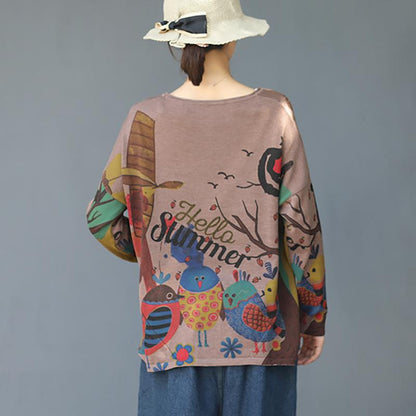 Cartoon Birds Printed Pullover Autumn Thin Knitted Shirt