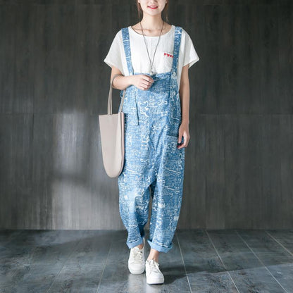 Cartoon Printing Women Casual Denim Jumpsuit