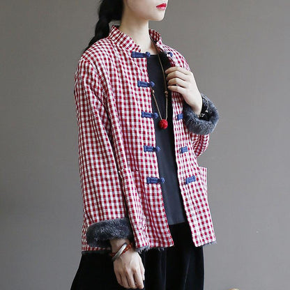 Casual Autumn Plaid Plus Velvet Warm Coat
