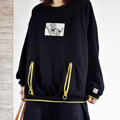 Casual Cartoon Dog Patchwork O-neck Sweatshirt