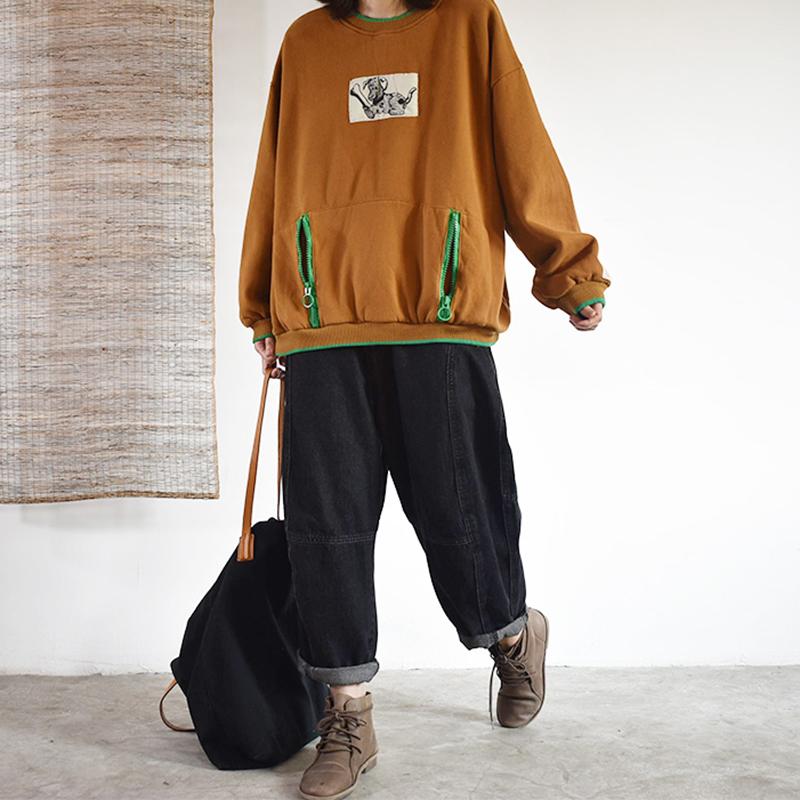 Casual Cartoon Dog Patchwork O-neck Sweatshirt