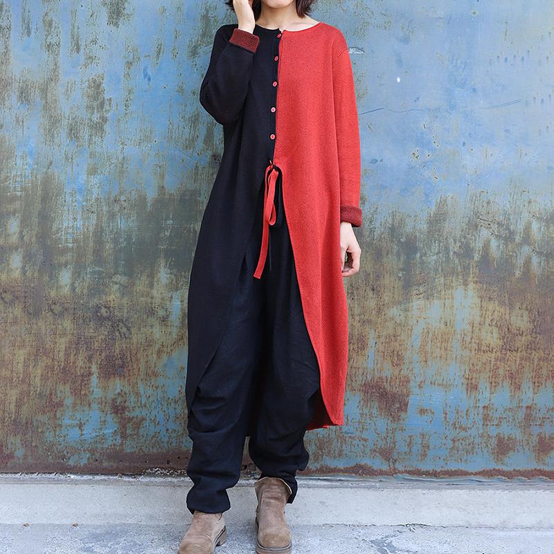 Casual Color Matching Lacing Loose Knit Shirt