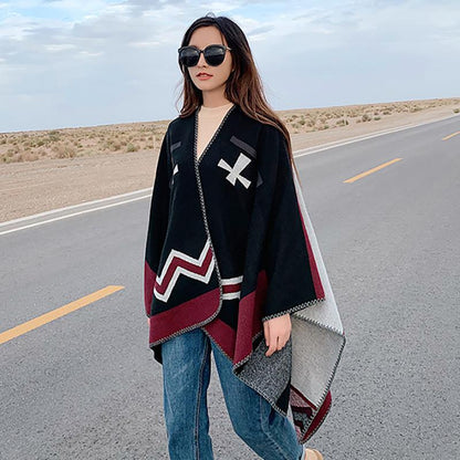 Casual Colorblock Sunscreen Warm Print Shawl