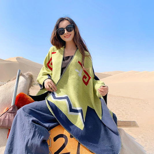 Casual Colorblock Sunscreen Warm Print Shawl