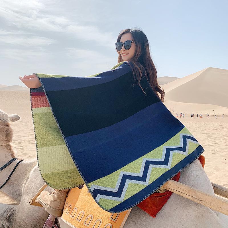 Casual Colorblock Sunscreen Warm Print Shawl
