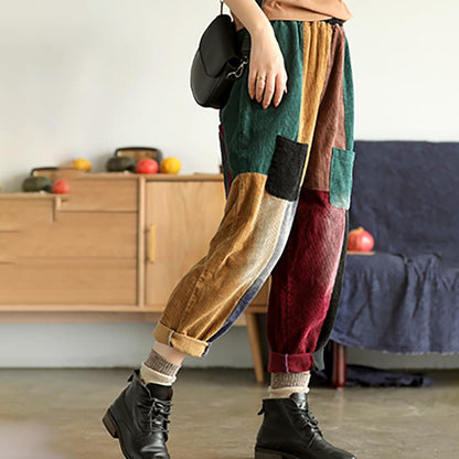 Casual Corduroy Colorful Stitching Harem Pants