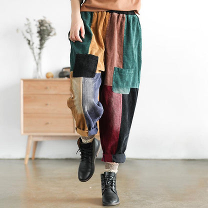 Casual Corduroy Colorful Stitching Harem Pants