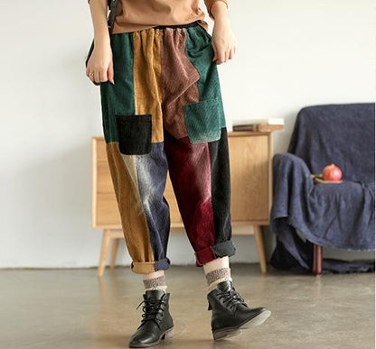 Casual Corduroy Colorful Stitching Harem Pants
