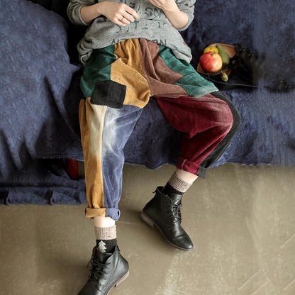Casual Corduroy Colorful Stitching Harem Pants