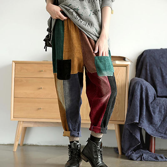 Casual Corduroy Colorful Stitching Harem Pants