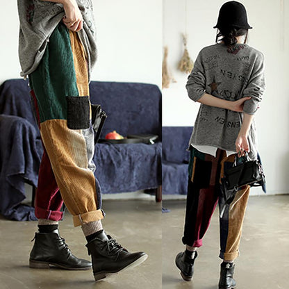 Casual Corduroy Colorful Stitching Harem Pants