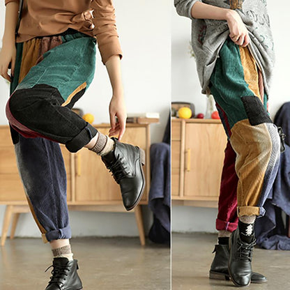 Casual Corduroy Colorful Stitching Harem Pants