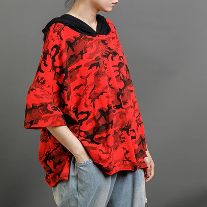 Casual Cotton Hooded Short Sleeve Blouse