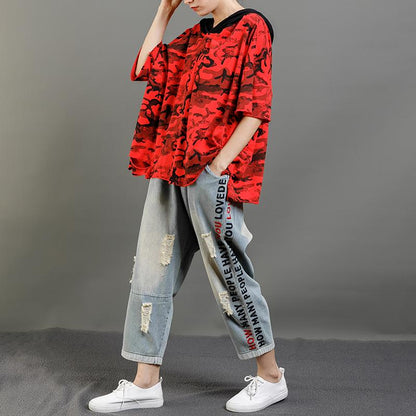 Casual Cotton Hooded Short Sleeve Blouse