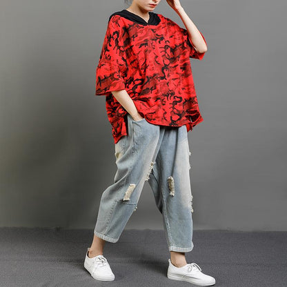 Casual Cotton Hooded Short Sleeve Blouse