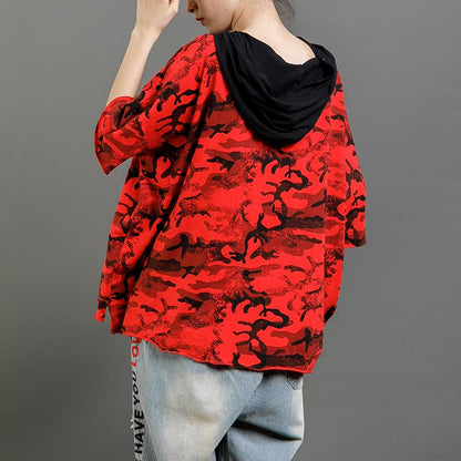 Casual Cotton Hooded Short Sleeve Blouse