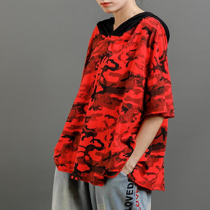 Casual Cotton Hooded Short Sleeve Blouse