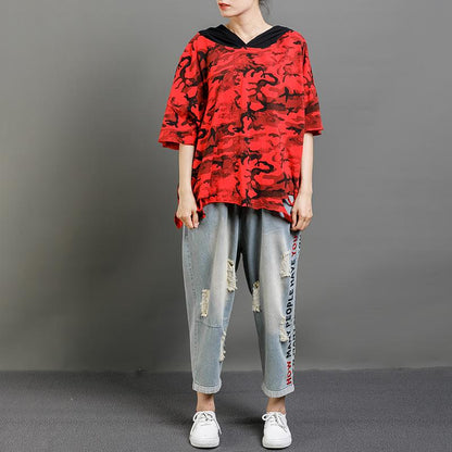 Casual Cotton Hooded Short Sleeve Blouse