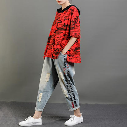 Casual Cotton Hooded Short Sleeve Blouse