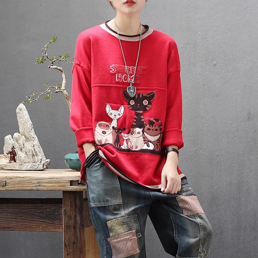 Casual Cute Cartoon O-neck Knit Shirt