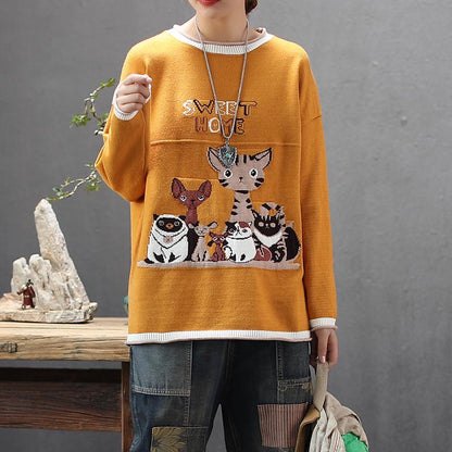 Casual Cute Cartoon O-neck Knit Shirt