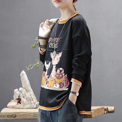 Casual Cute Cartoon O-neck Knit Shirt