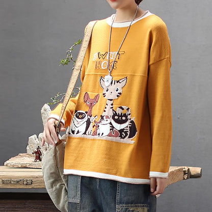 Casual Cute Cartoon O-neck Knit Shirt