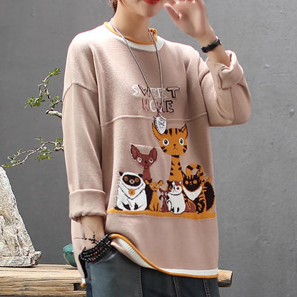 Casual Cute Cartoon O-neck Knit Shirt