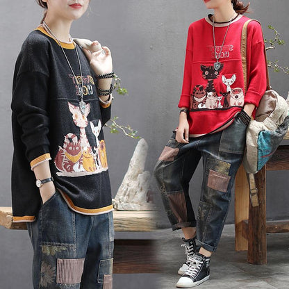 Casual Cute Cartoon O-neck Knit Shirt