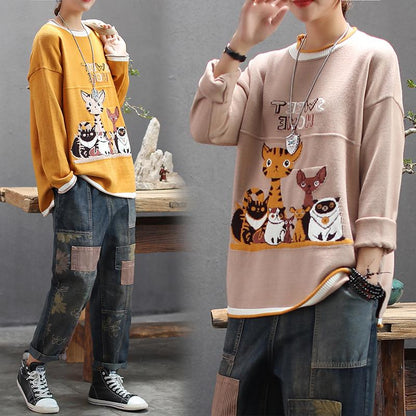 Casual Cute Cartoon O-neck Knit Shirt