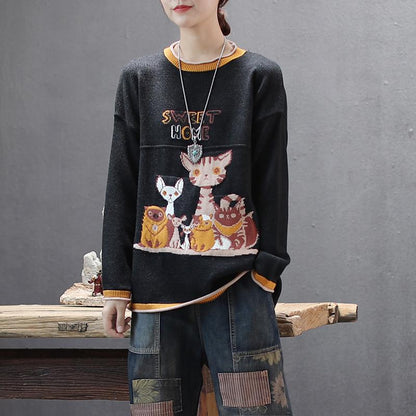 Casual Cute Cartoon O-neck Knit Shirt