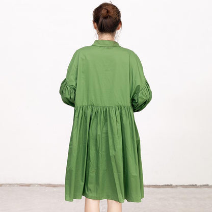 Casual Green Long Sleeves Autumn Pleating Dress