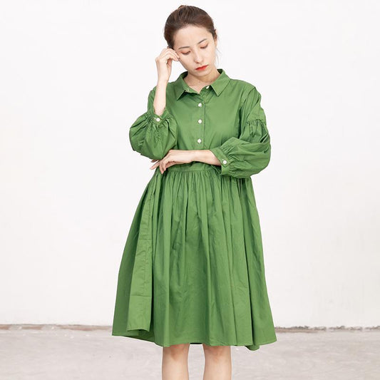 Casual Green Long Sleeves Autumn Pleating Dress