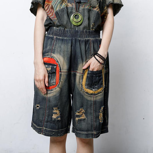 Casual Hole Elastic Waist Pockets Pants