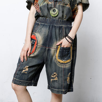 Casual Hole Elastic Waist Pockets Pants