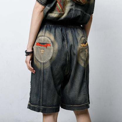 Casual Hole Elastic Waist Pockets Pants